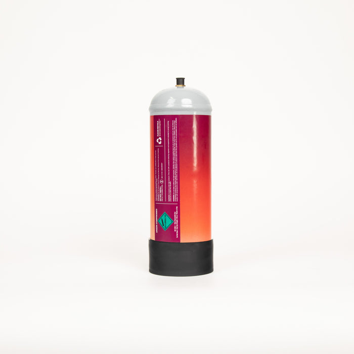 Cylindrical gas canister with red and black design on a white background