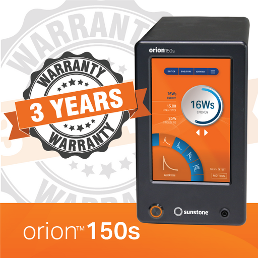 The orion 150s welder is pictured in an infographic with a 3 year warranty badge on it